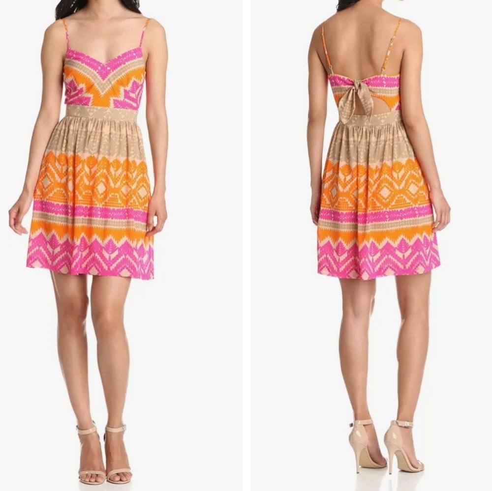 Trina Turk Silk Open Tie Back Pink & Orange Geometric Print Dress Size 12 NWT